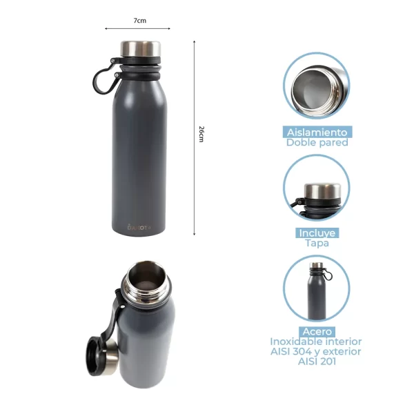 Botella Termica Deportiva Dakota Acero Inoxidable 600ml Color Gris Ocuro
