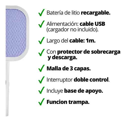 Raqueta Paleta Mata Moscas Mosquitos C/ Trampa Recargable Color Blanco