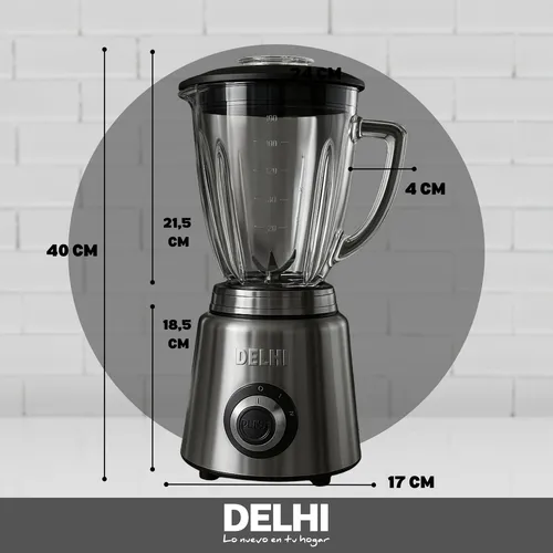 Licuadora De Vaso 1000w 1.5l Acero Inox Jarra Vidrio Delhi Color Plateado