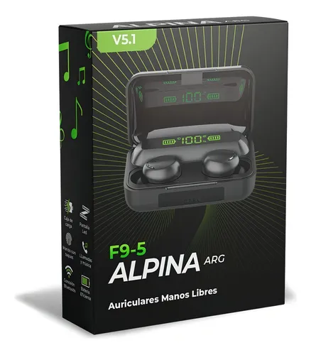 Auriculares F9-5 In-ear Inalámbricos Alpina Powerbank Color Negro Luz Verde