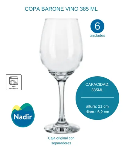 Copa Vino Nadir Barone Vidrio 385 Ml X 6 Unidades | Cuo. Transparente