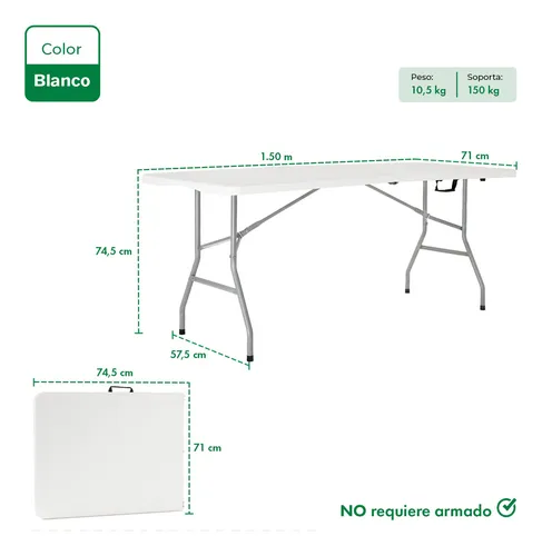 Mesa Para Jardin Exteriror Plegable Camping Portatil Picnic 150 x 70 Cm Color Blanco Gardenlife