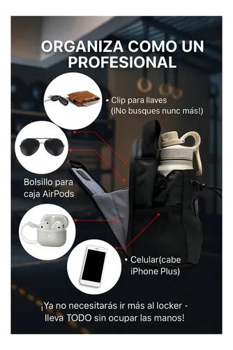 Bolso Gimnasio Magnético Deportivo Botellero Bandolera Gym Negro Lisa