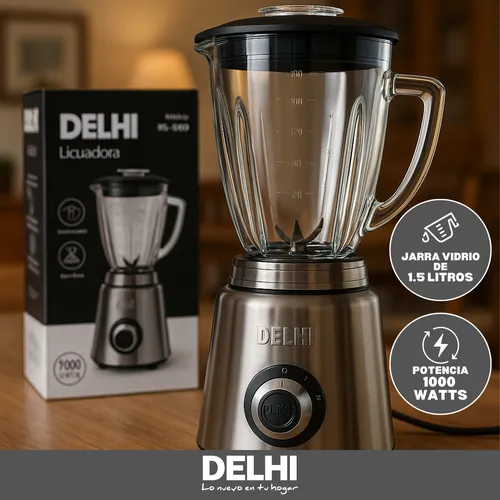 Licuadora De Vaso 1000w 1.5l Acero Inox Jarra Vidrio Delhi Color Plateado