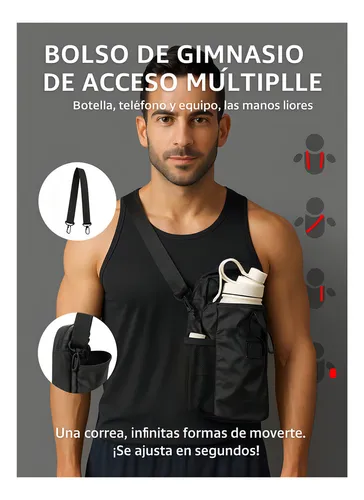 Bolso Gimnasio Magnético Deportivo Botellero Bandolera Gym Negro Lisa