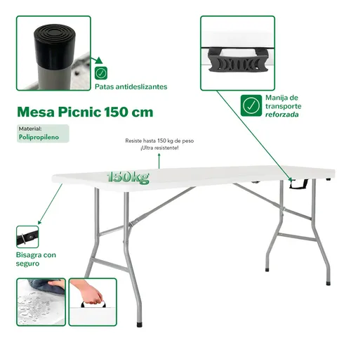 Mesa Para Jardin Exteriror Plegable Camping Portatil Picnic 150 x 70 Cm Color Blanco Gardenlife