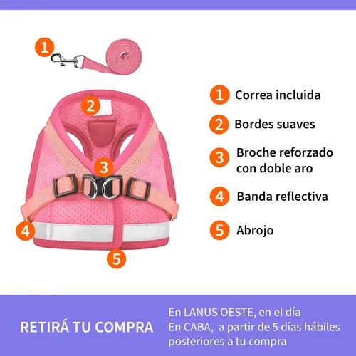 Pretal Arnes Para Perros Pequeños Paseo Viaje Correa 1.13mts Rosa S