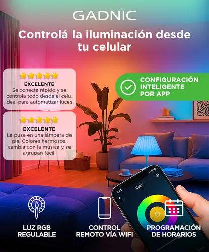 D_NQ_NP_964237-MLA91726813253_092025-O.webp Lampara Luz Led Gadnic E27 Smart Inteligente RGB Conexión Inalámbrica