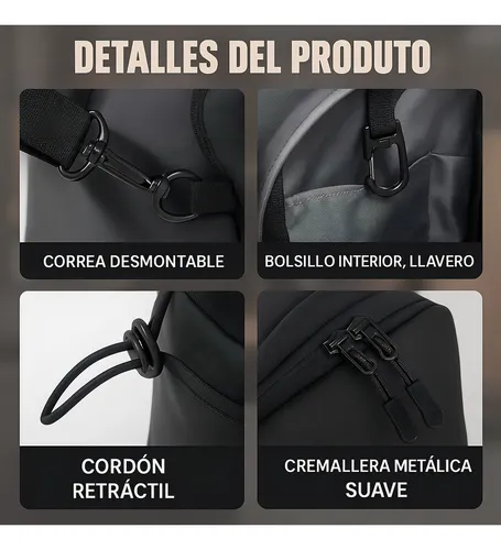 Bolso Gimnasio Magnético Deportivo Botellero Bandolera Gym Negro Lisa