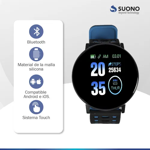 Smartwatch Deportivo Fitness Bluetooth Colores Android Ios M Negro Azul Negro