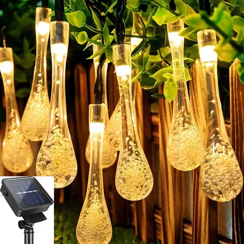 Luces Guirnalda Gota Solar Led Cálida 5mts 20 Led Navidad Cálida