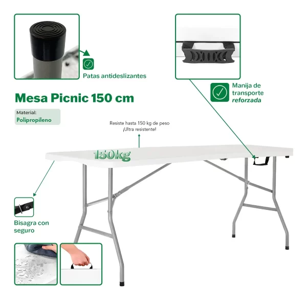 Mesa Para Jardin Exteriror Plegable Camping Portatil Picnic 150 x 70 Cm Color Blanco Gardenlife